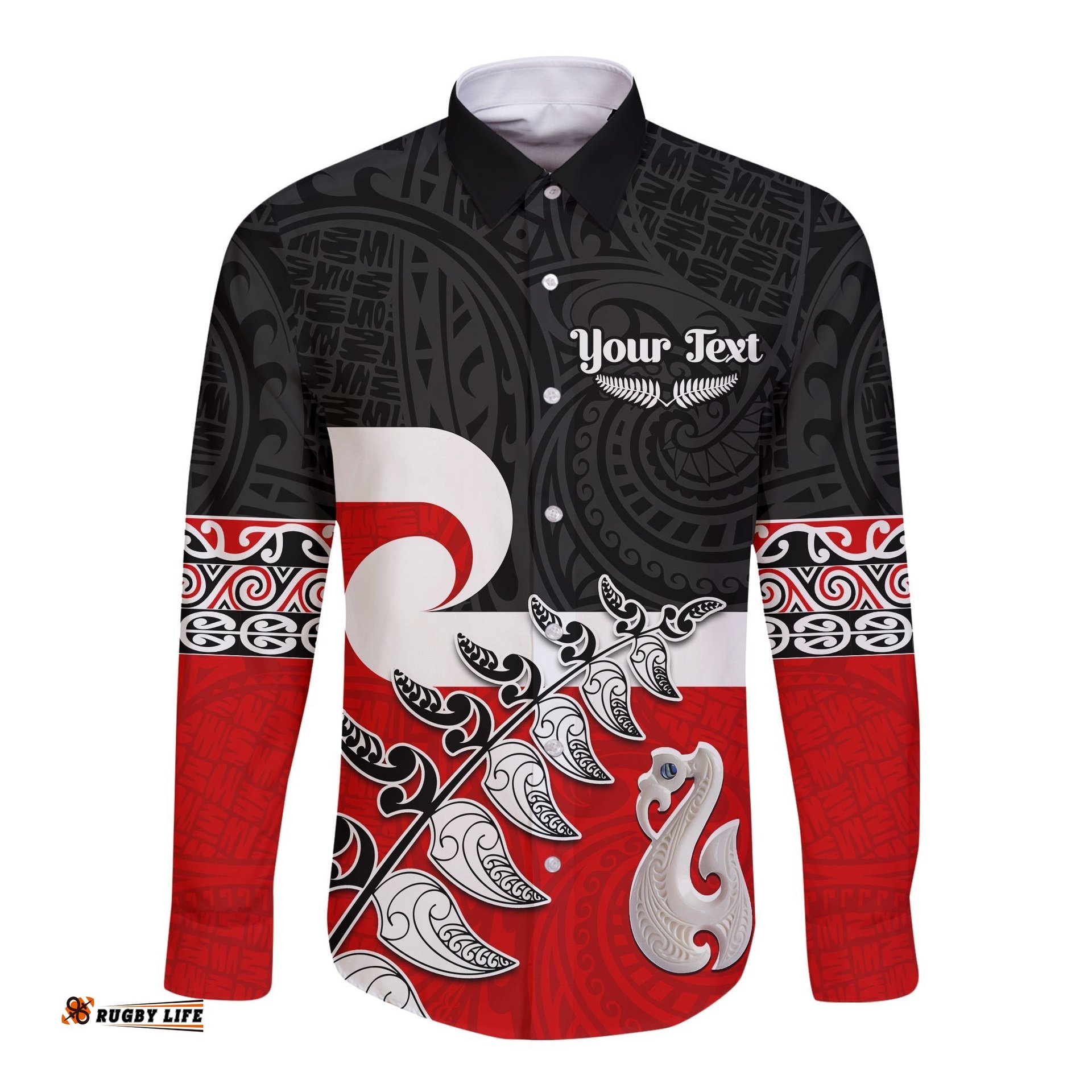 Custom Personalised Waitangi Long Sleeve Button Shirt Aotearoa Maori Pattern Mix Fern and Manaia Koru