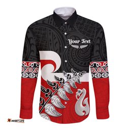 Custom Personalised Waitangi Long Sleeve Button Shirt Aotearoa Maori Pattern Mix Fern and Manaia Koru