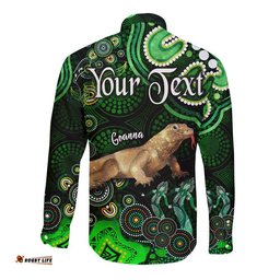 Custom Personalised Australian Astrology Hawaii Long Sleeve Button Shirt Capricorn Goanna Zodiac Aboriginal Vibes Green