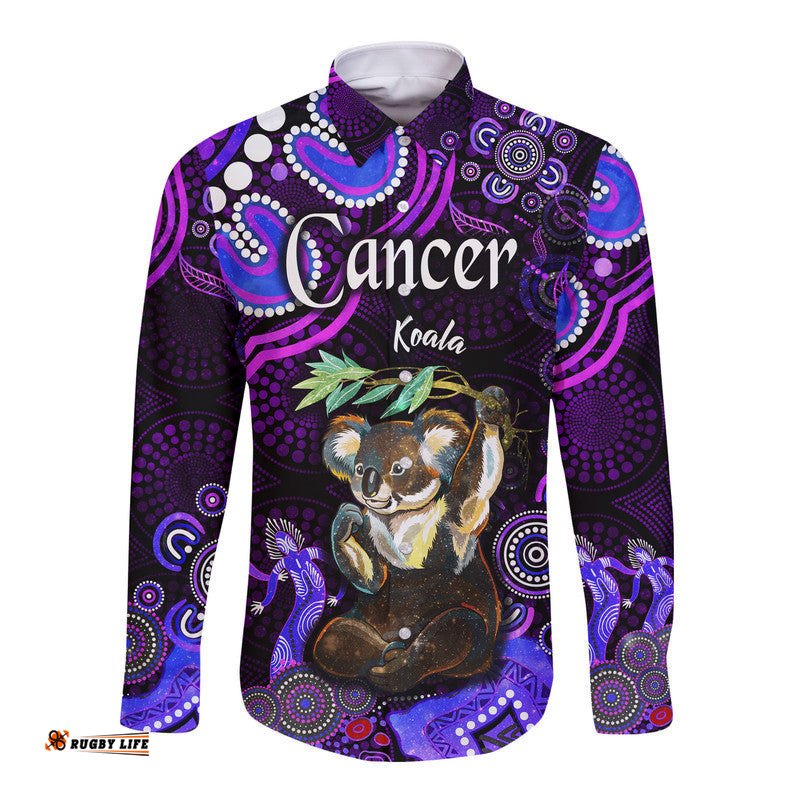 Australian Astrology Hawaii Long Sleeve Button Shirt Cancer Koala Zodiac Aboriginal Vibes Purple