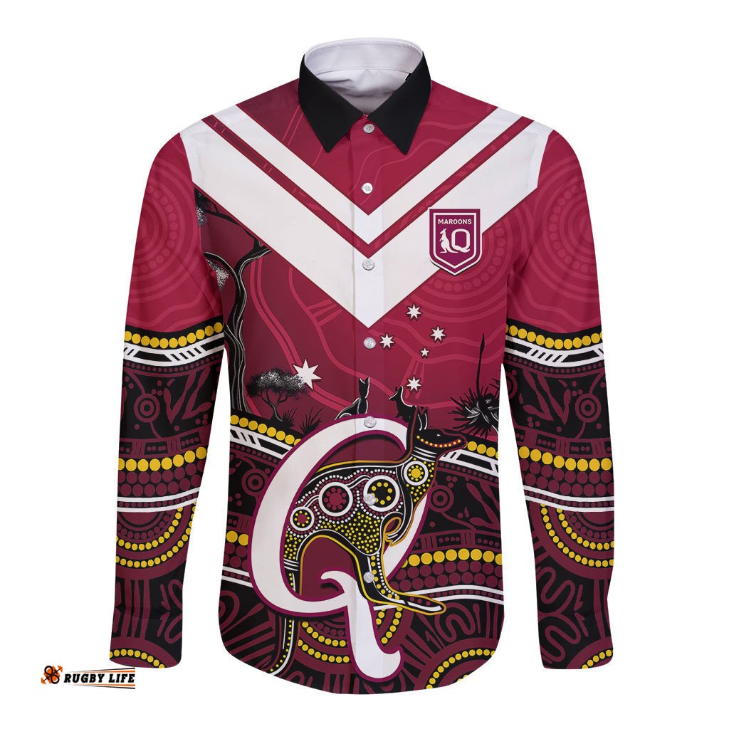 QLD Maroons Rugby Long Sleeve Button Shirt Go Queensland Kangaroo Indigenous