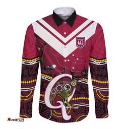 QLD Maroons Rugby Long Sleeve Button Shirt Go Queensland Kangaroo Indigenous