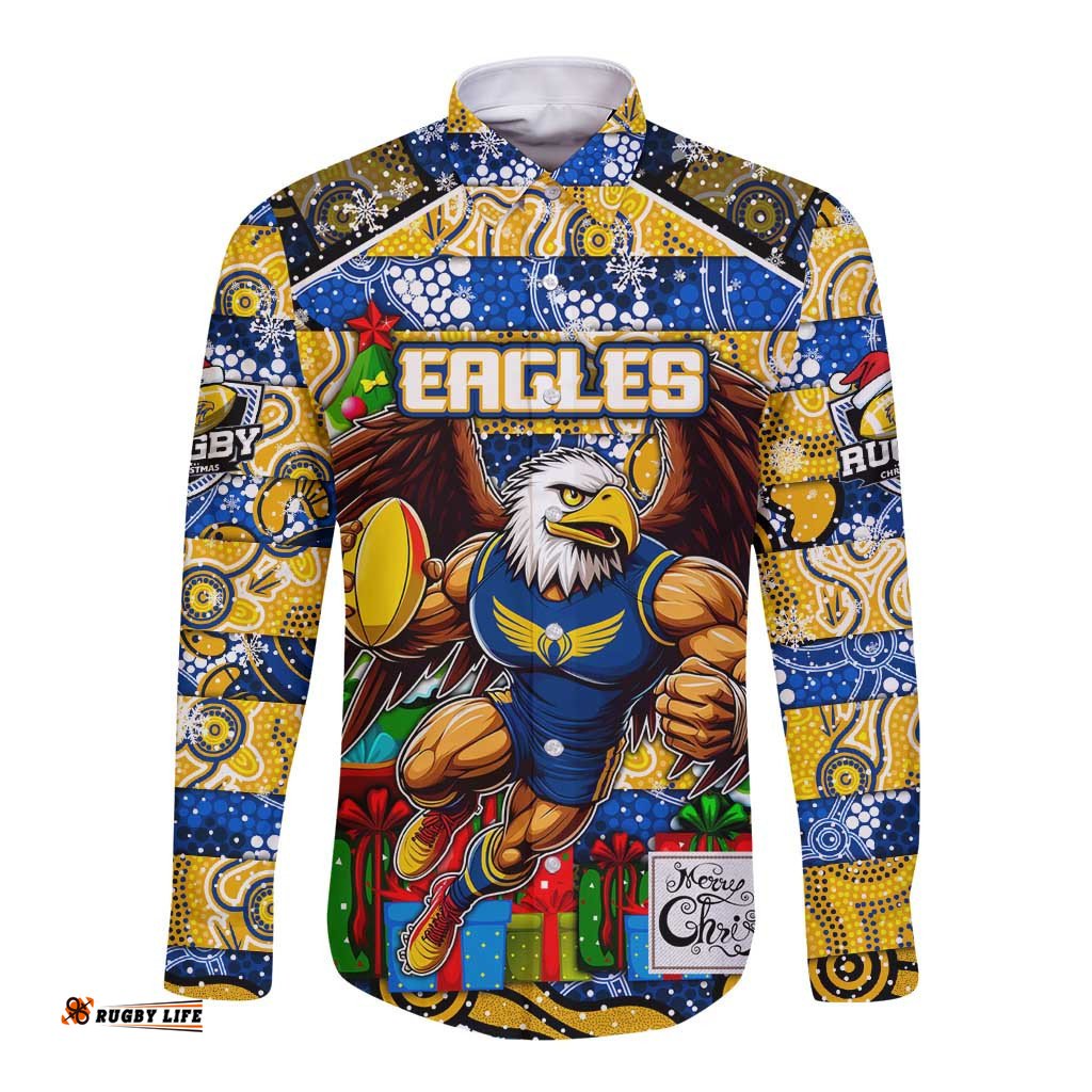 Custom Eagles Football Merry Christmas Long Sleeve Button Shirt Indigenous Australian Art