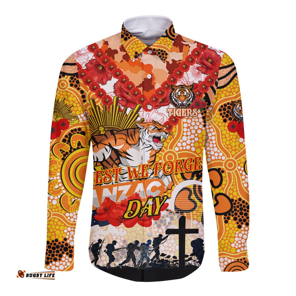 Personalised Tigers ANZAC Day Long Sleeve Button Shirt Aboriginal Rising Sun