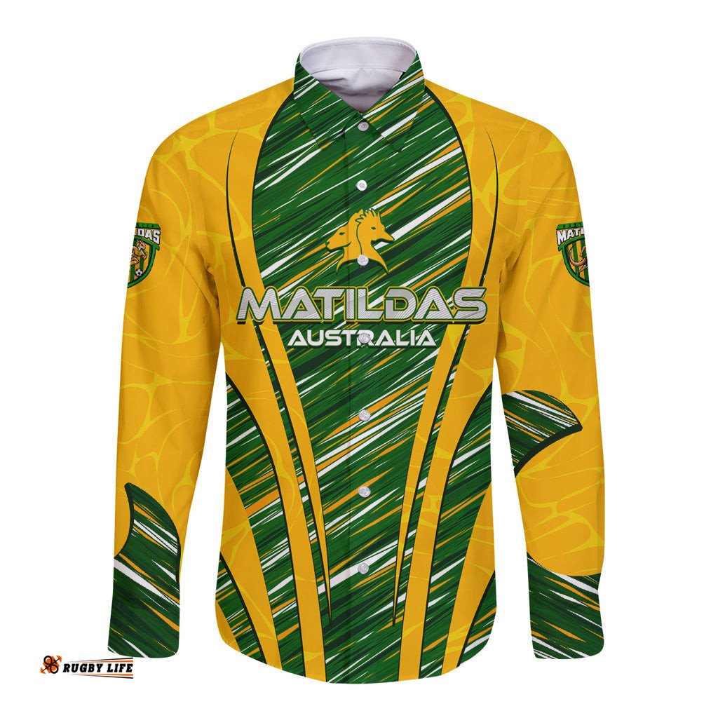 Personalised Australia Matildas Long Sleeve Button Shirt Abstract Line