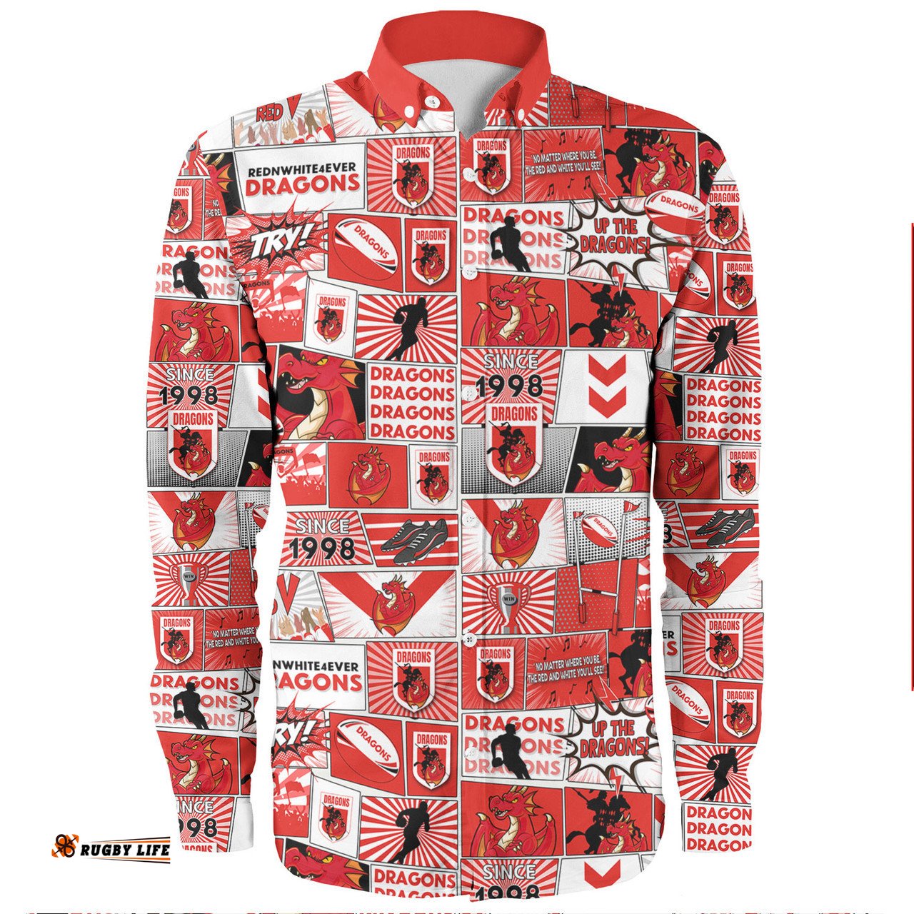 St. George Illawarra Dragons Long Sleeve Button Shirt - Team Of Us Die Hard Fan Supporters Comic Style