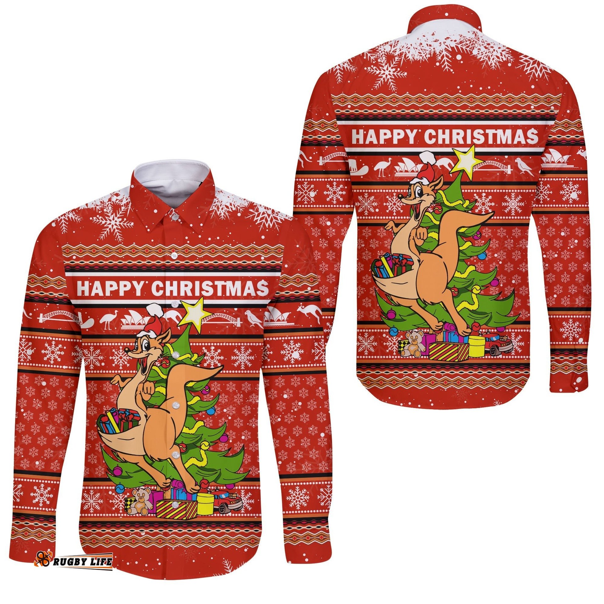 Australia Christmas Kangaroo Aboriginal Pattern Long Sleeve Button Shirt