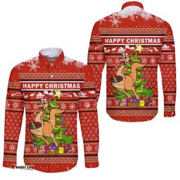 Australia Christmas Kangaroo Aboriginal Pattern Long Sleeve Button Shirt