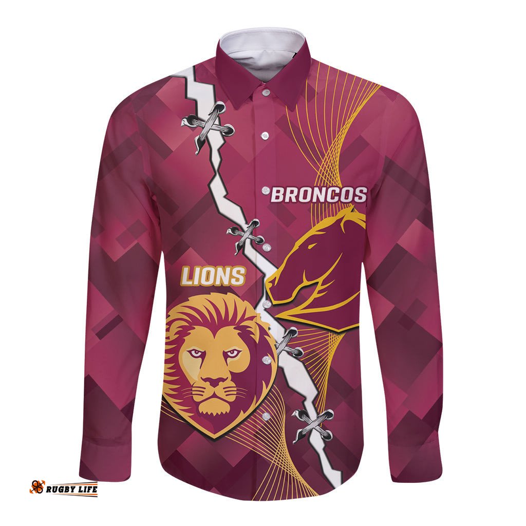 Personalised Lions Football And Broncos Rugby Long Sleeve Button Shirt Sporty Version