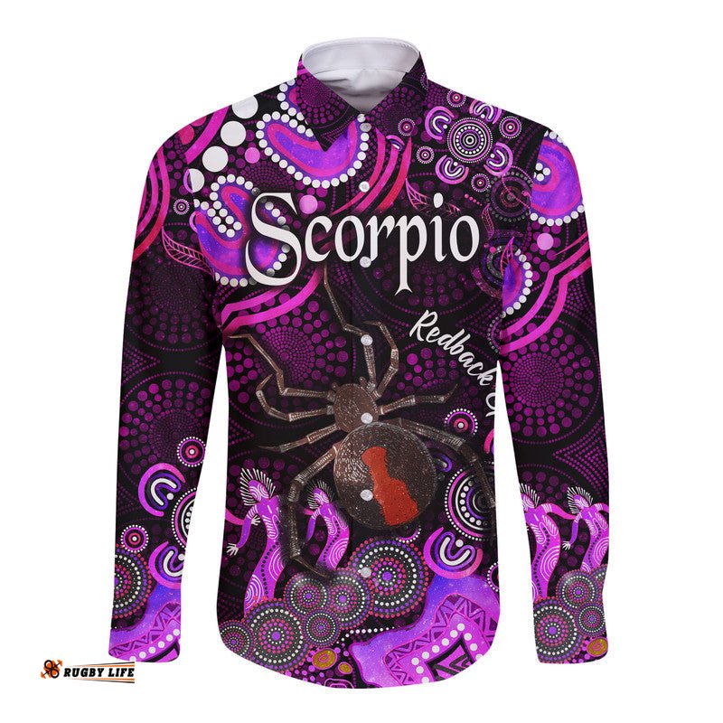 Australian Astrology Hawaii Long Sleeve Button Shirt Scorpio Redback Spider Zodiac Aboriginal Vibes Pink