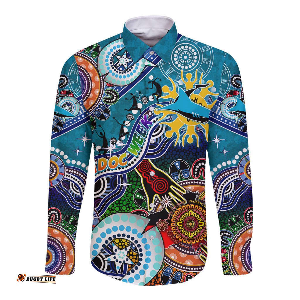 Personalised Sharks NAIDOC Week 2024 Long Sleeve Button Shirt Australia Aboriginal Dot Painting