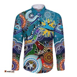 Personalised Sharks NAIDOC Week 2024 Long Sleeve Button Shirt Australia Aboriginal Dot Painting