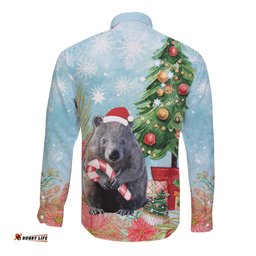 Australia Christmas Long Sleeve Button Shirt Merry Wombat-mas Watercolor Style
