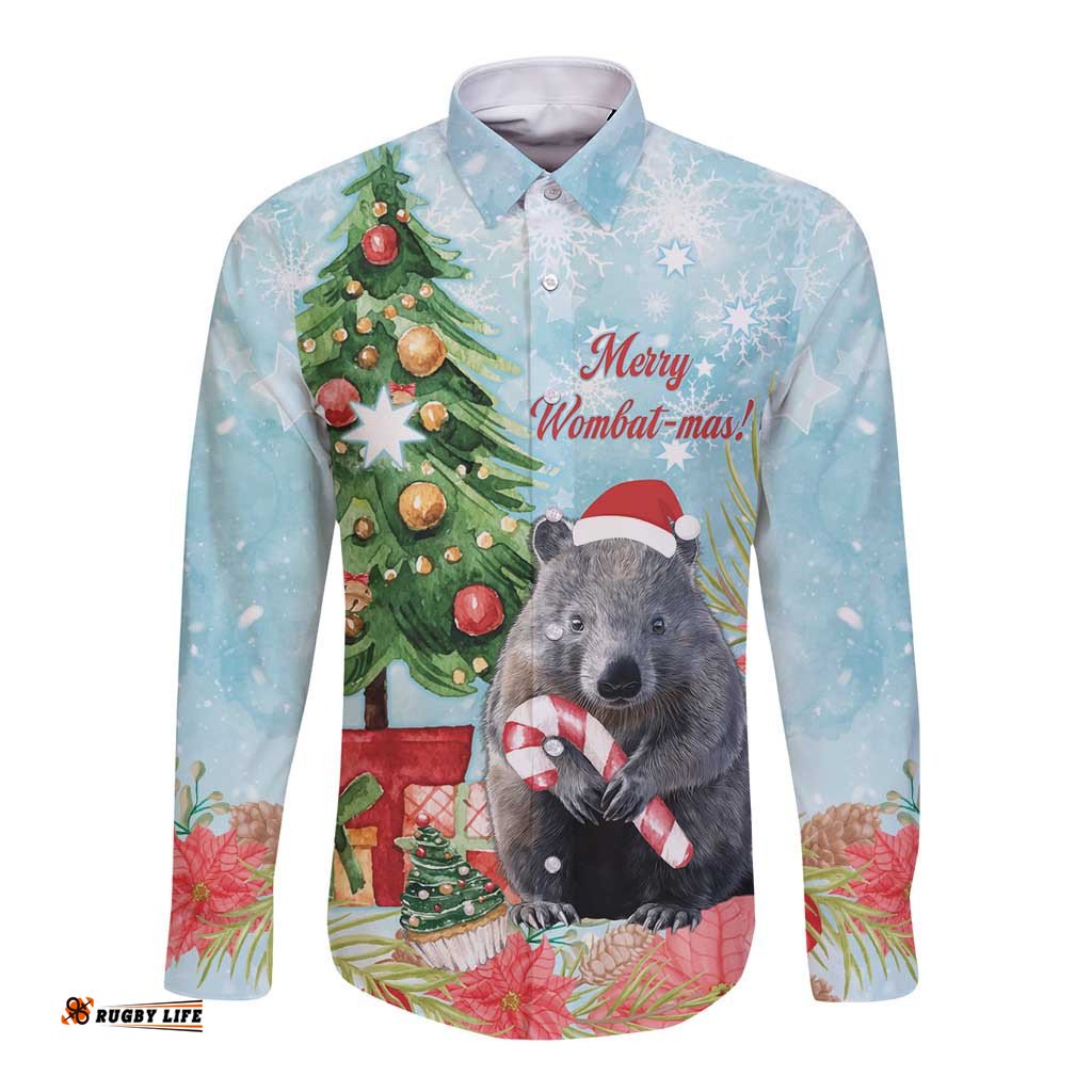 Australia Christmas Long Sleeve Button Shirt Merry Wombat-mas Watercolor Style