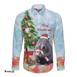 Australia Christmas Long Sleeve Button Shirt Merry Wombat-mas Watercolor Style