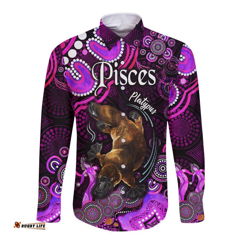 Custom Personalised Australian Astrology Hawaii Long Sleeve Button Shirt Pisces Platypus Zodiac Aboriginal Vibes Pink