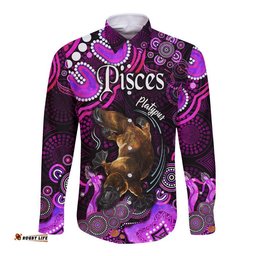 Custom Personalised Australian Astrology Hawaii Long Sleeve Button Shirt Pisces Platypus Zodiac Aboriginal Vibes Pink