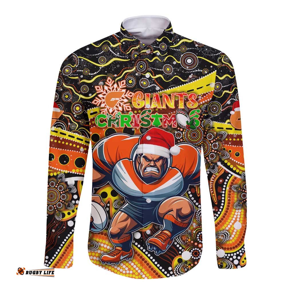 Merry Christmas AFL Giants Long Sleeve Button Shirt Aboriginal Santa Football Mascot