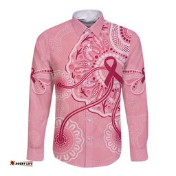 Australia Indigenous Long Sleeve Button Shirt Breast Cancer Ribbon Aboriginal Art Pink