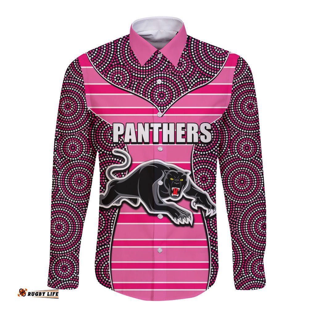 NRL - Panthers Long Sleeve Button Shirt Mix Dot Aboriginal Pink Version