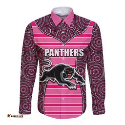 NRL - Panthers Long Sleeve Button Shirt Mix Dot Aboriginal Pink Version