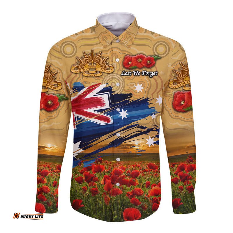 Australia Aboriginal ANZAC Hawaii Long Sleeve Button Shirt Poppy Vibes Gold