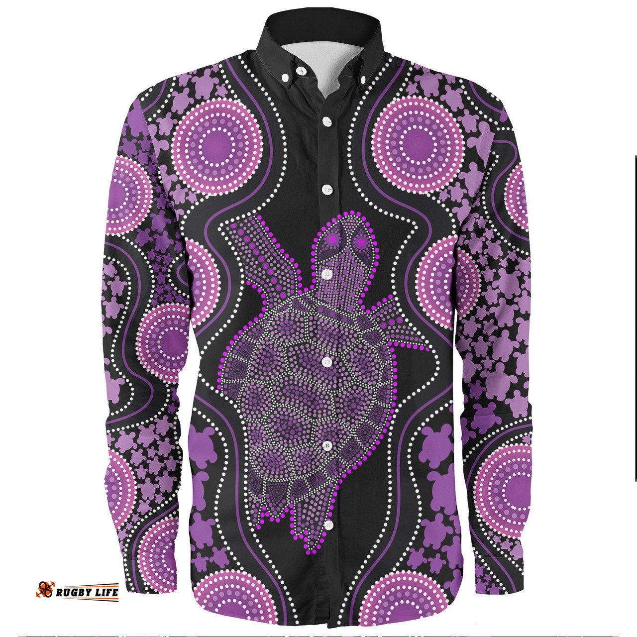 Australia Long Sleeve Button Shirt - Aboriginal Art Purple Turtle Inspired