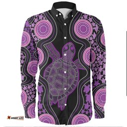 Australia Long Sleeve Button Shirt - Aboriginal Art Purple Turtle Inspired