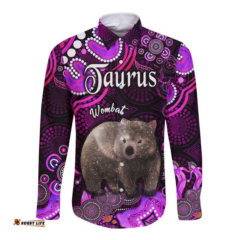 Custom Personalised Australian Astrology Hawaii Long Sleeve Button Shirt Taurus Wombat Zodiac Aboriginal Vibes Pink