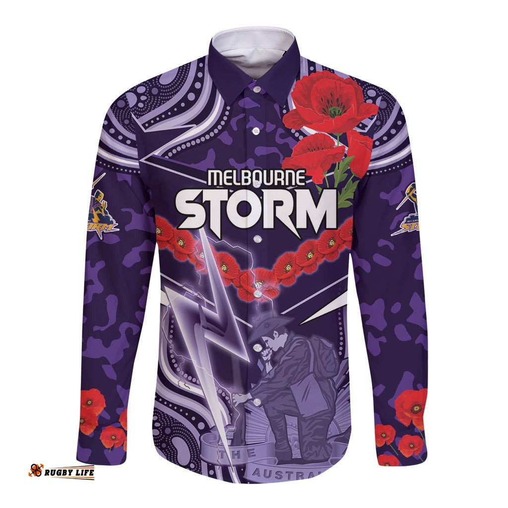 Custom Storm Rugby ANZAC Long Sleeve Button Shirt Melbourne Gallipoli Soldier With Aboriginal Art