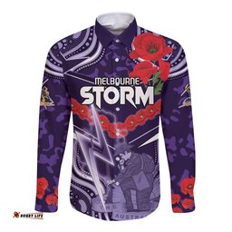 Custom Storm Rugby ANZAC Long Sleeve Button Shirt Melbourne Gallipoli Soldier With Aboriginal Art