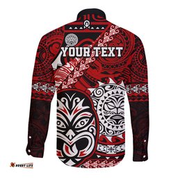Personalised Te Reo Maori New Zealand Long Sleeve Button Shirt Aotearoa Kia Haka Maori Tribal Tattoo Red Style
