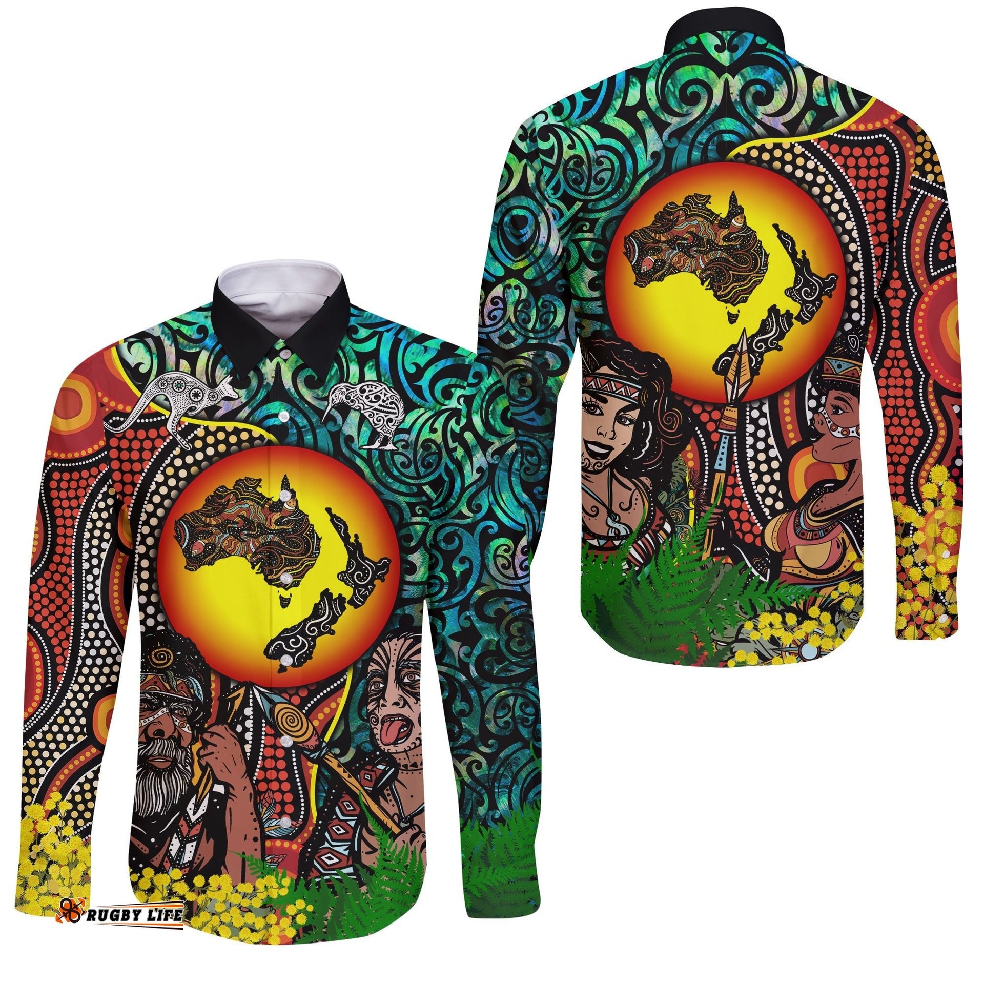 Australia Aboriginal Kangaroo Combine New Zealand Maori Kiwi Bird Long Sleeve Button Shirt