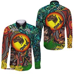 Australia Aboriginal Kangaroo Combine New Zealand Maori Kiwi Bird Long Sleeve Button Shirt