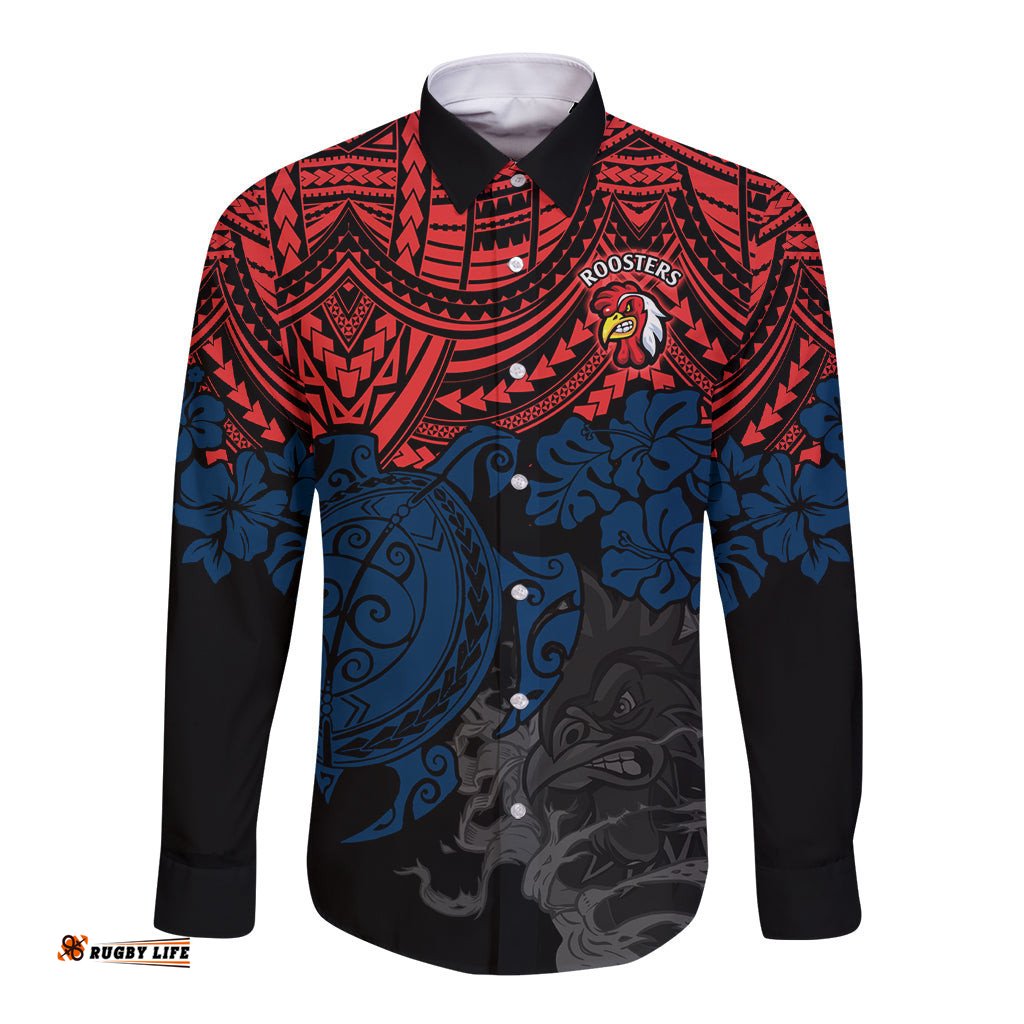 Custom Roosters Rugby Long Sleeve Button Shirt Sydney Hibiscus and Turtle With Polynesian Pattern