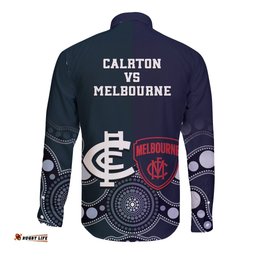 Demons And Blues Football Long Sleeve Button Shirt Melbourne And Calrton Mascots Aboriginal Art