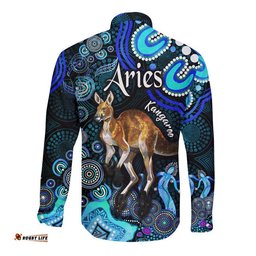 Australian Astrology Hawaii Long Sleeve Button Shirt Aries Kangaroo Zodiac Aboriginal Vibes Blue