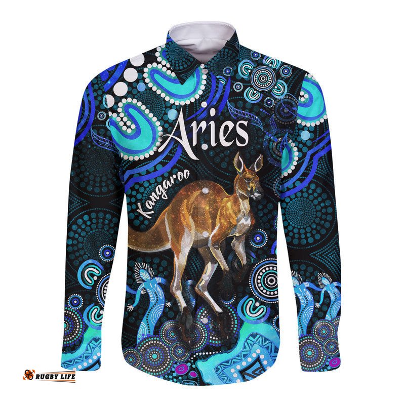 Australian Astrology Hawaii Long Sleeve Button Shirt Aries Kangaroo Zodiac Aboriginal Vibes Blue