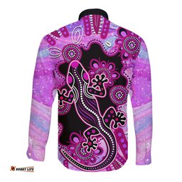 Australia Long Sleeve Button Shirt Aussie Opal Pattern With Lizard Aboriginal Art Pink