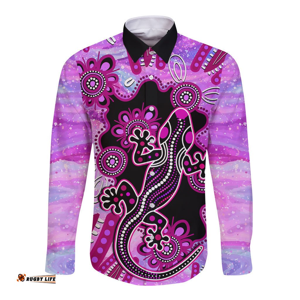 Australia Long Sleeve Button Shirt Aussie Opal Pattern With Lizard Aboriginal Art Pink