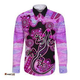 Australia Long Sleeve Button Shirt Aussie Opal Pattern With Lizard Aboriginal Art Pink