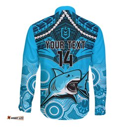 Personalised Sharks Rugby Long Sleeve Button Shirt Go Sharkies Aboriginal Mix Polynesian Pattern