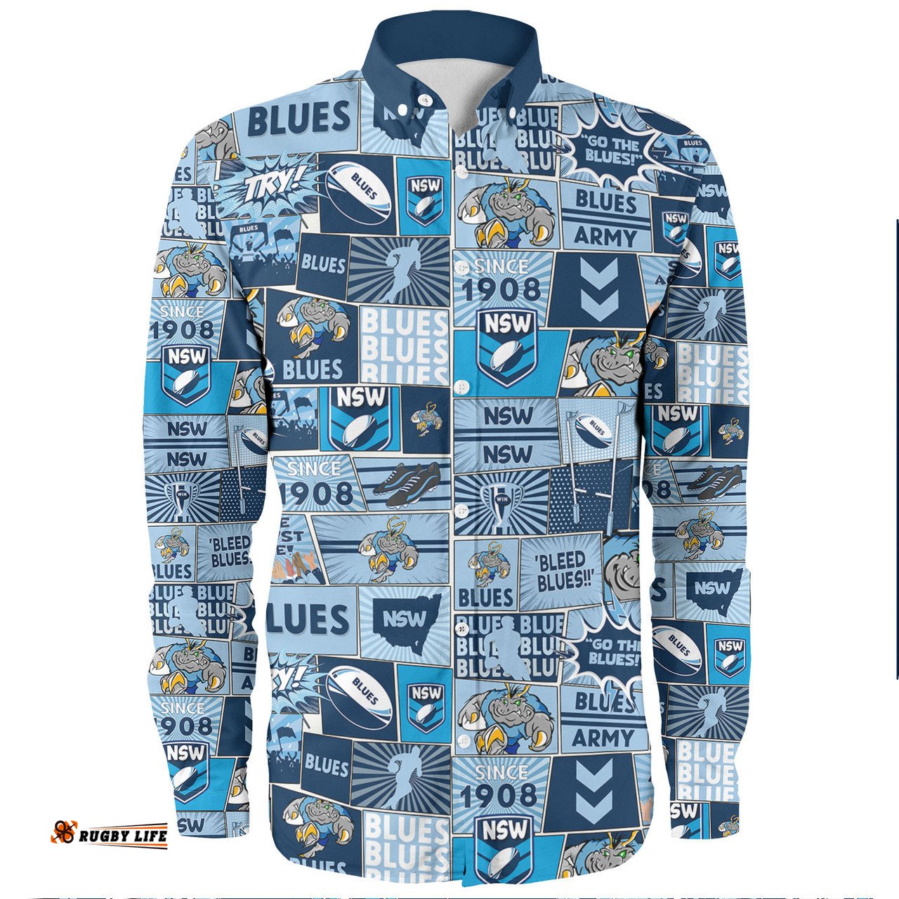 New South Wales Sport Long Sleeve Button Shirt - Team Of Us Die Hard Fan Supporters Comic Style