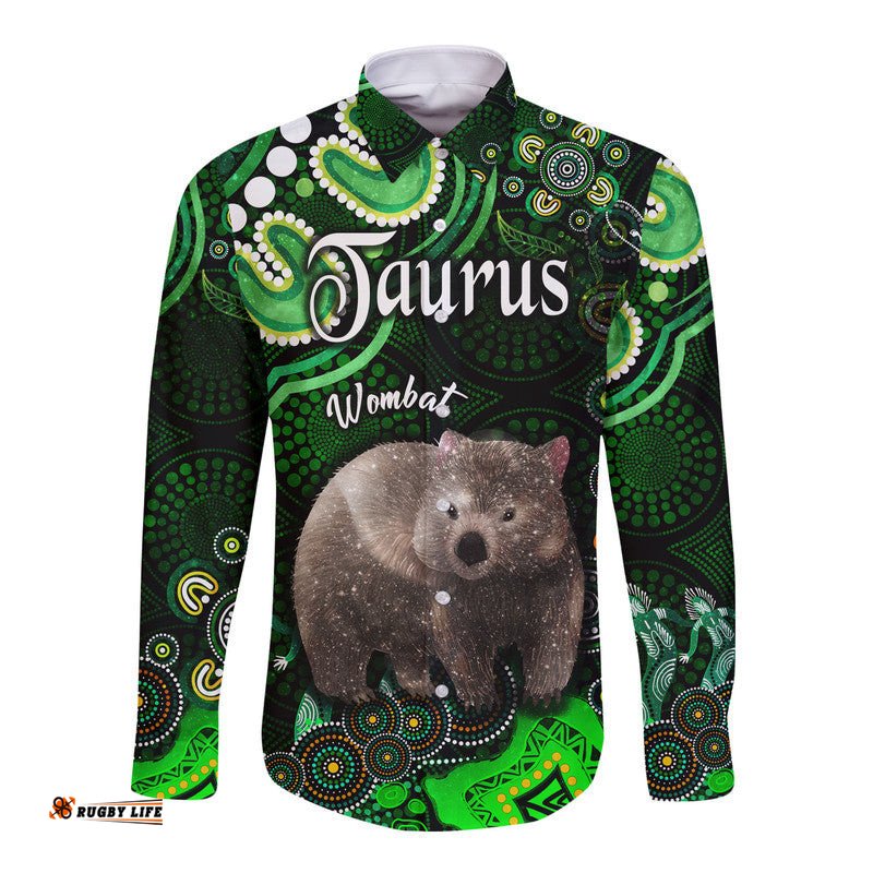 Australian Astrology Hawaii Long Sleeve Button Shirt Taurus Wombat Zodiac Aboriginal Vibes Green