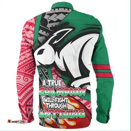South Sydney Rabbitohs Grand Final Long Sleeve Button Shirt - A True Champion Will Fight Through Anything With Polynesian Patterns