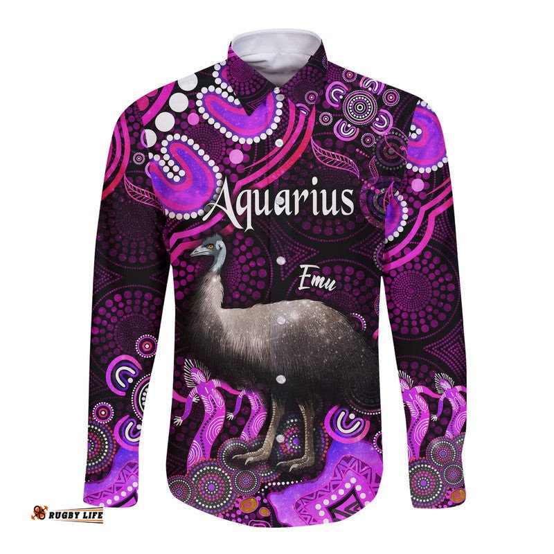 Custom Personalised Australian Astrology Hawaii Long Sleeve Button Shirt Aquarius Emu Glider Zodiac Aboriginal Vibes Pink