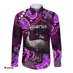 Custom Personalised Australian Astrology Hawaii Long Sleeve Button Shirt Aquarius Emu Glider Zodiac Aboriginal Vibes Pink