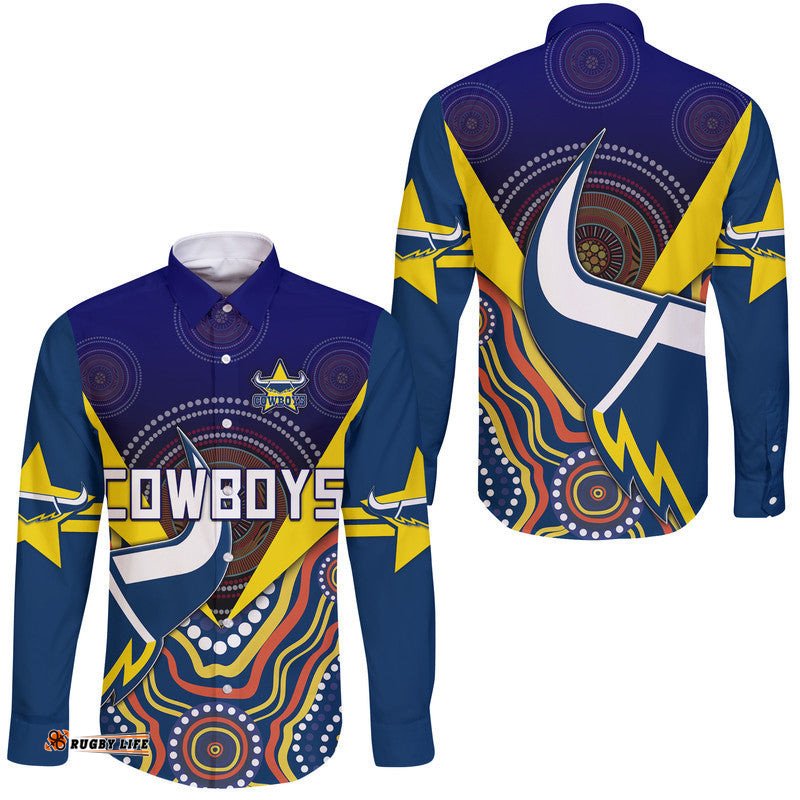 Cowboys Rugby Hawaii Long Sleeve Button Shirt Indigenous Arboriginal Dot Paint Navy Style
