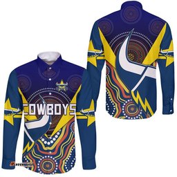 Cowboys Rugby Hawaii Long Sleeve Button Shirt Indigenous Arboriginal Dot Paint Navy Style
