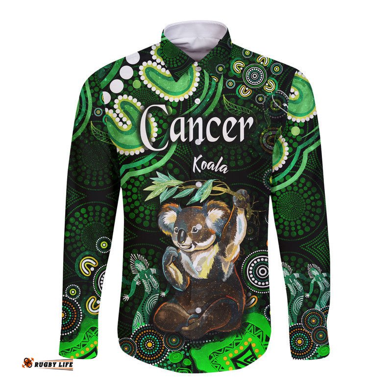 Custom Personalised Australian Astrology Hawaii Long Sleeve Button Shirt Cancer Koala Zodiac Aboriginal Vibes Green